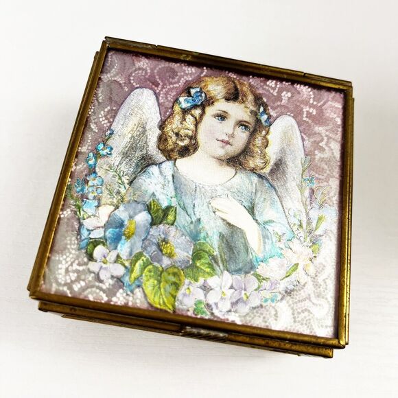 Vintage 1993 Thomas Cathey Angel Trinket Greeting Box Stained Glass & Mirror - Picture 1 of 9